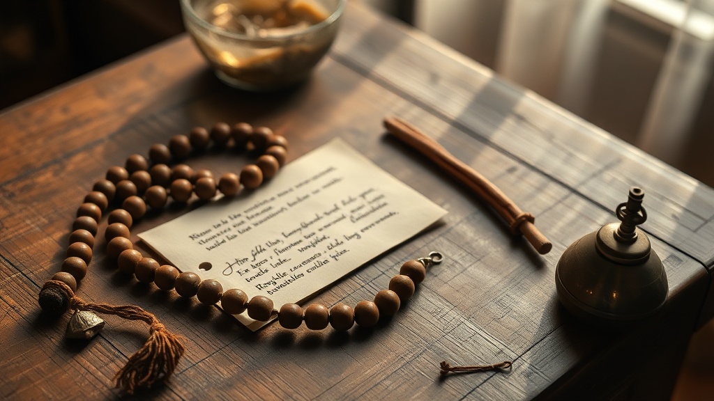 A 108-bead mala and small ritual objects laid on a worn wooden surface for mantra recitation practice