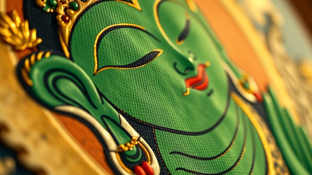 Detail of a traditional Tibetan thangka painting of Green Tara with gold line work on aged cotton canvas