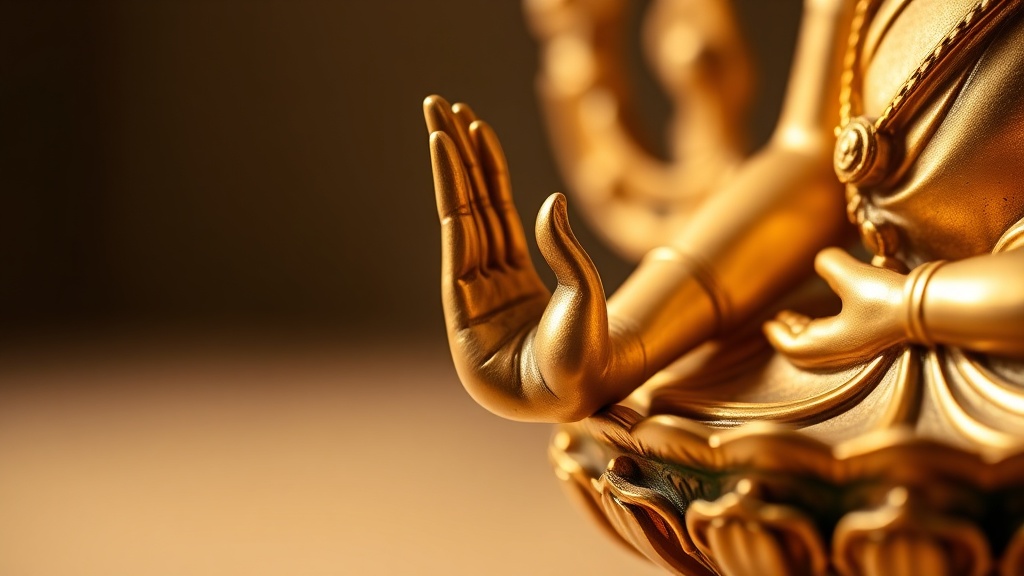 Close-up of a gilded bronze Green Tara statue showing the varada mudra gesture and blue lotus flower detail