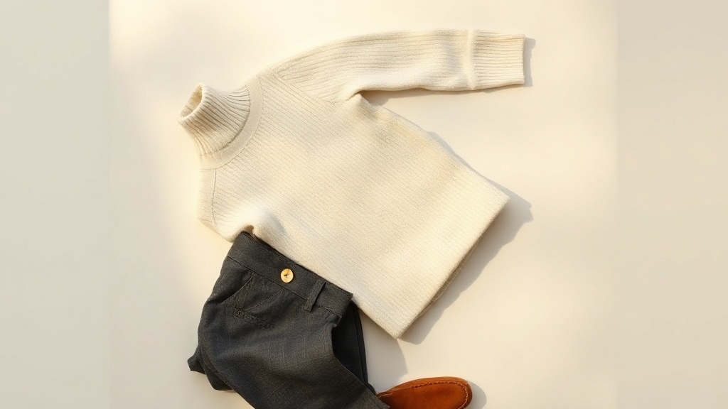 Ivory cashmere turtleneck styled with straight-leg charcoal flannel trousers and tan suede loafers