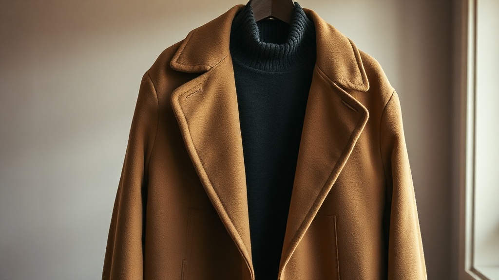 Camel overcoat open over a charcoal cashmere turtleneck layered underneath, warm interior setting