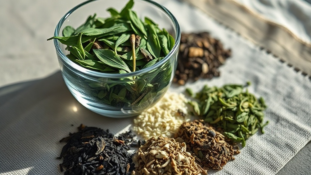 Différentes variétés de thé en feuilles : thé vert, noir, blanc et oolong côte à côte
