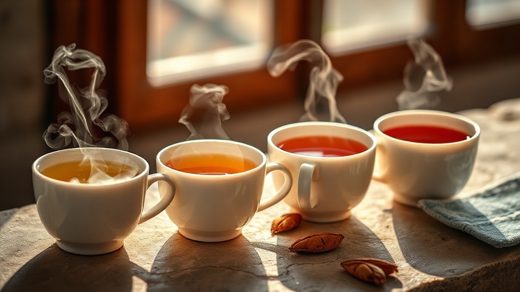 Quatre tasses de thé aux couleurs différentes représentant thé blanc, vert, oolong et noir