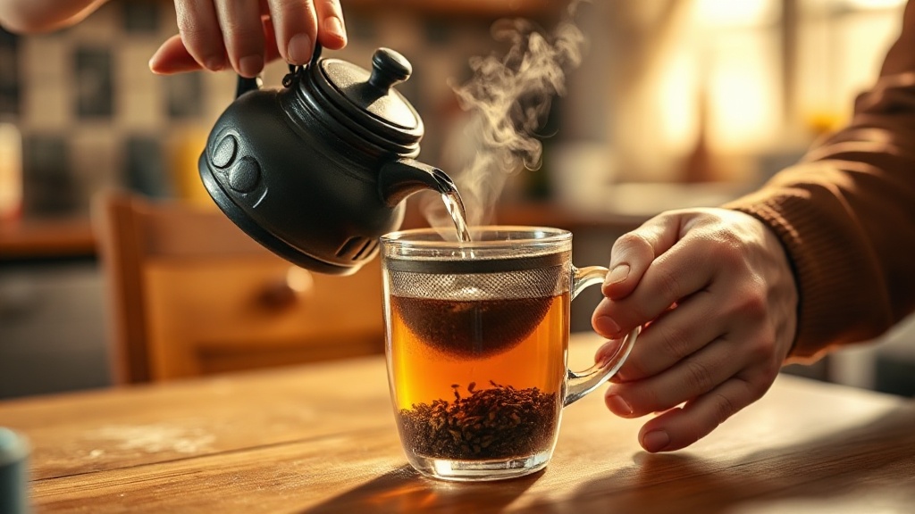 Mains versant de l'eau chaude sur un infuseur rempli de feuilles de thé dans une tasse en verre