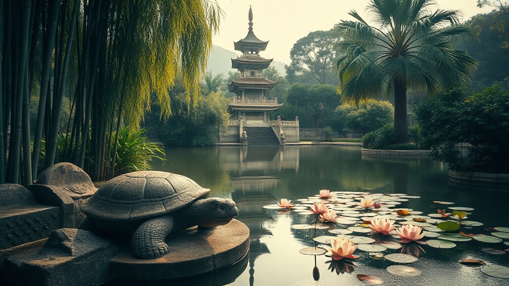Bassin de libération des êtres dans un jardin de temple bouddhiste taïwanais avec reflet de pagode