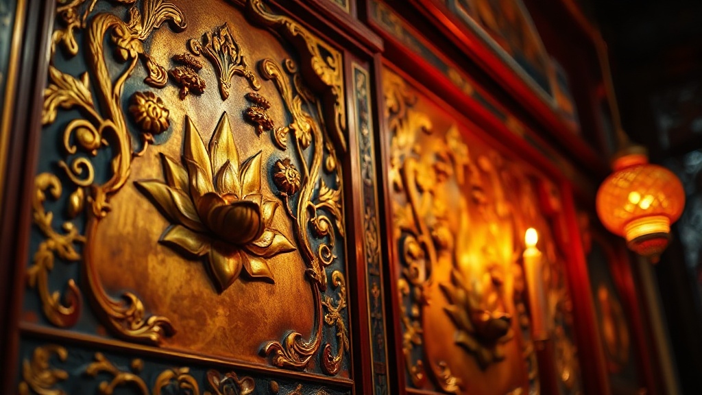 Détail d'un panneau d'autel en bois laqué doré avec motifs de lotus dans un temple bouddhiste chinois