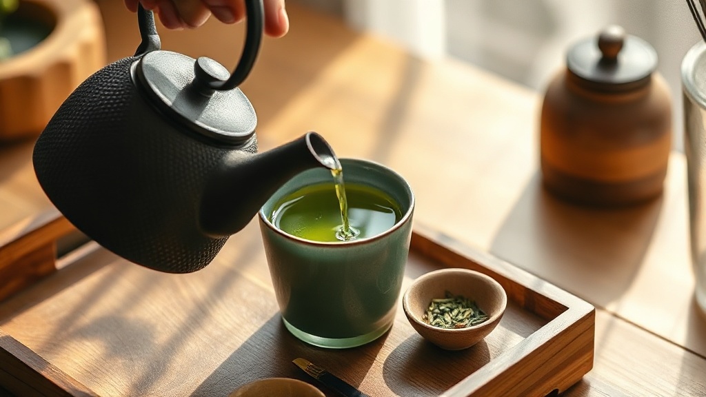 Tasse de sencha japonais versée depuis une théière en fonte sur un plateau en bois au petit-déjeuner