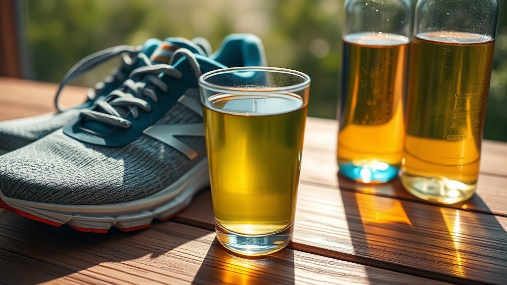 Verre de thé vert posé près de chaussures de sport avant une séance d'entraînement