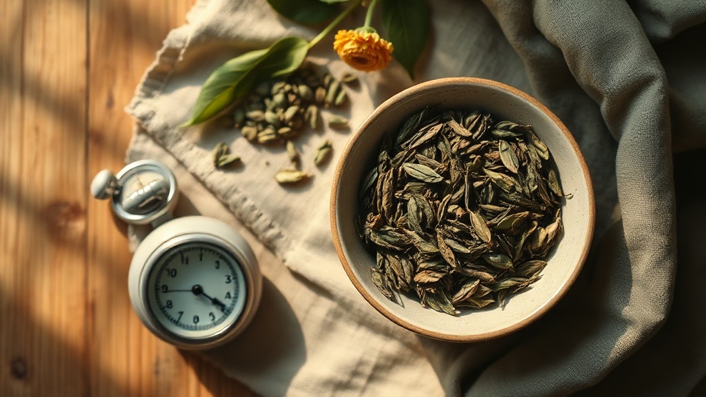Feuilles de thé vert séchées dans un bol en céramique avec un minuteur et un thermomètre de cuisine