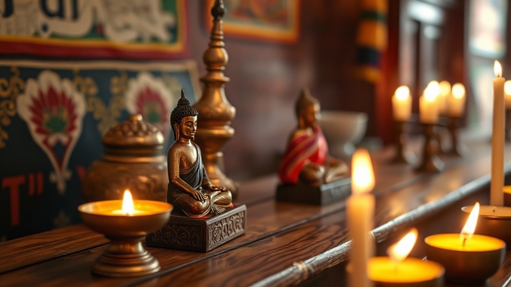 Détail d'un autel bouddhiste tibétain avec lampes à beurre allumées et statue en bronze, tradition Karma Kagyu