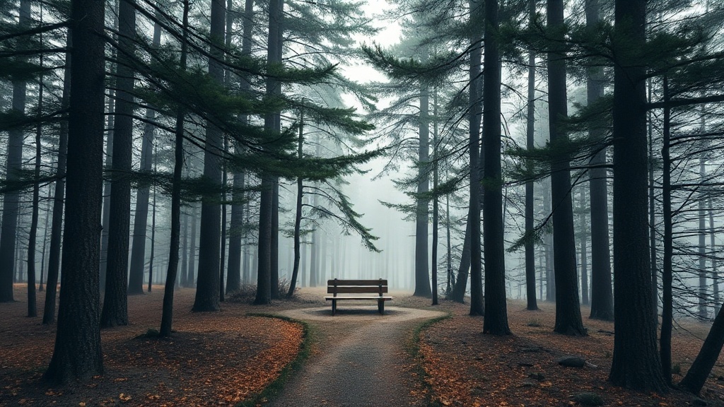 Sentier de marche méditative en forêt boréale, avec banc en bois au fond du chemin, lumière douce filtrée par les épinettes