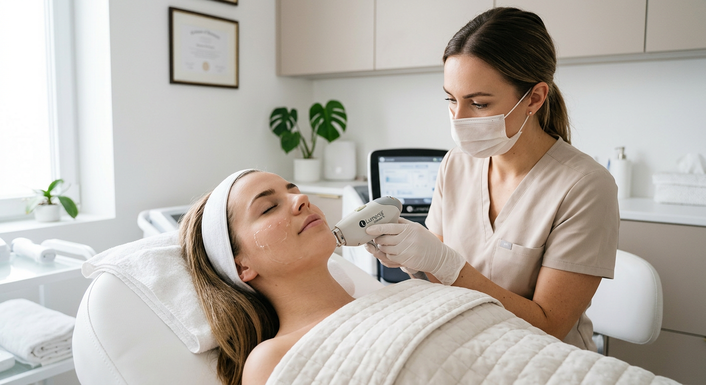 Permanent Facial Hair Removal Phoenix: A Practical Guide | Electrolysis Permanent Hair Removal in Phoenix | Senza Pelo Med Spa Photorealistic close-up of a client receiving gentle facial hair removal treatment in a clean treatment room, with a focus...