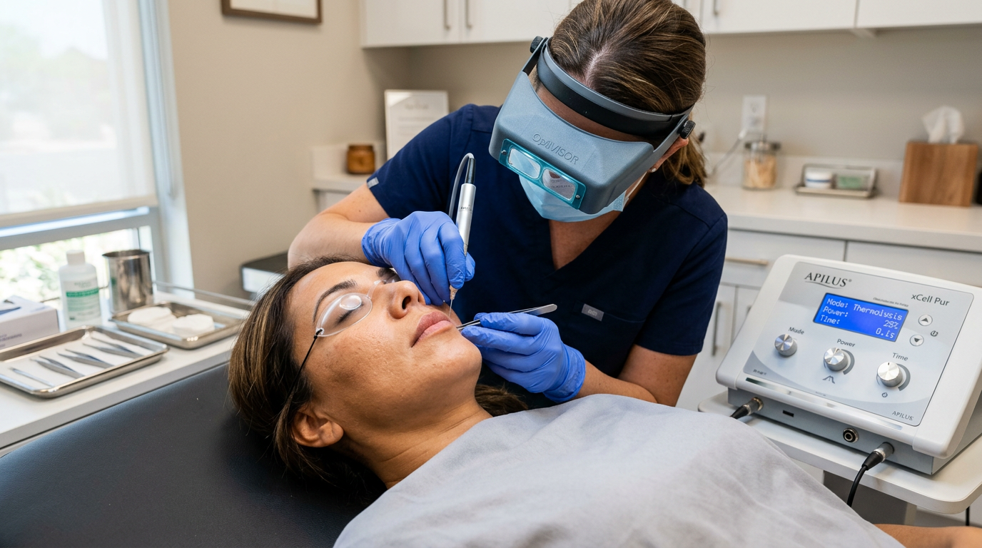 Transgender Hair Removal Phoenix Scottsdale: A Clear, Caring Guide | Electrolysis Permanent Hair Removal in Phoenix | Senza Pelo Med Spa High-detail photorealistic close-up of a professional electrolysis treatment setup with a gloved practitioner working care...