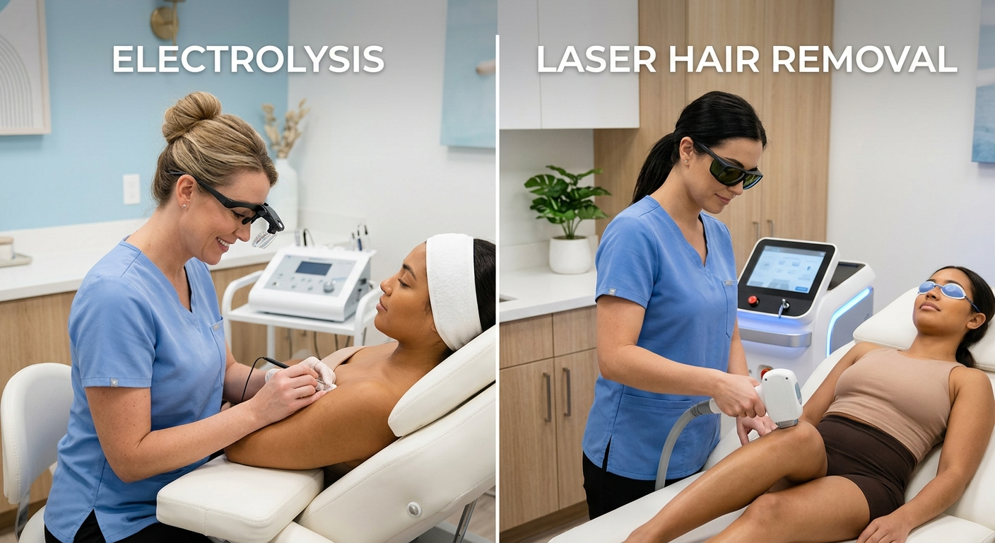 A clean, modern split-scene visual showing electrolysis being performed on one side and laser hair removal on the other, w...
