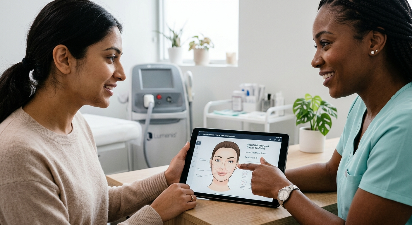 Close-up photorealistic image of a consultation scene showing a clinician discussing hair removal options with a client us...