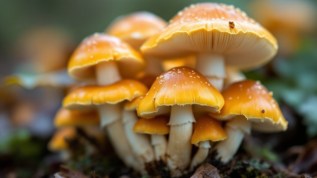 Golden Teacher Psilocybe cubensis setas doradas sobre sustrato