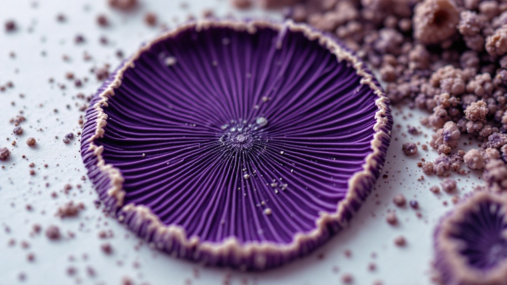 Impresión de esporas de Psilocybe cubensis color púrpura oscuro sobre papel blanco