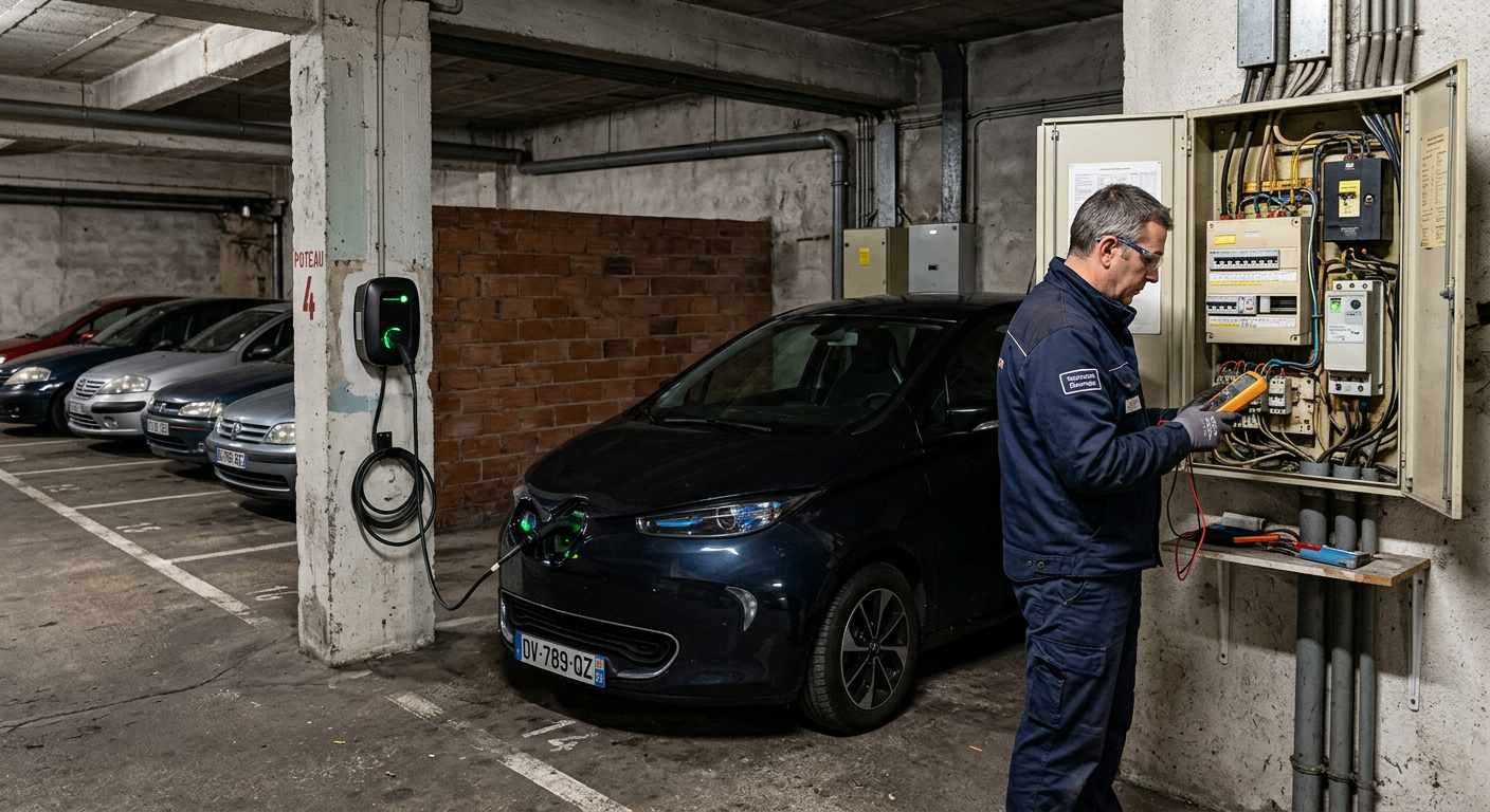 Borne de recharge électrique IRVE installée dans un parking de copropriété ancienne avec un véhicule en charge et un installateur qualifié vérifiant le tableau électrique.