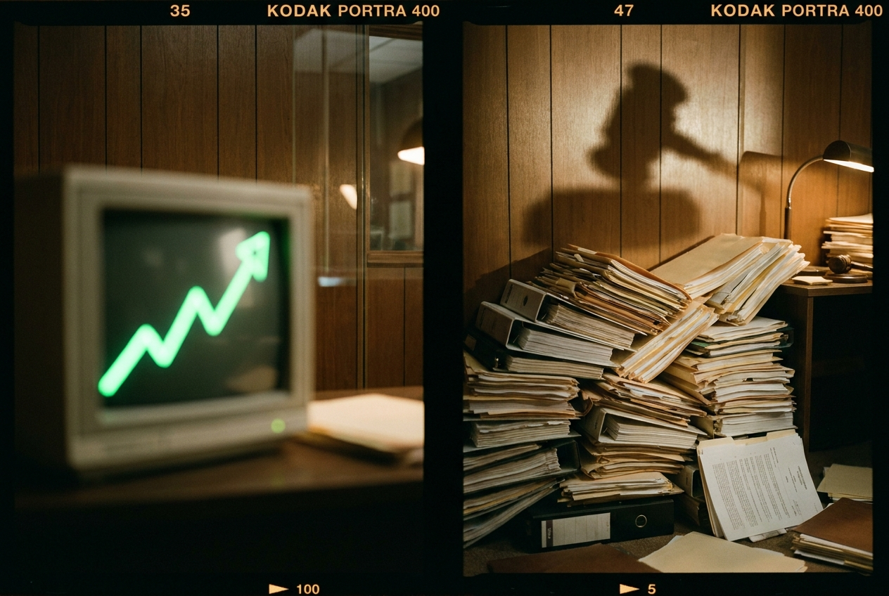 alt text: A split-screen showing Suno's growth trajectory on a graph going up on the left and a stack of legal documents getting taller on the right