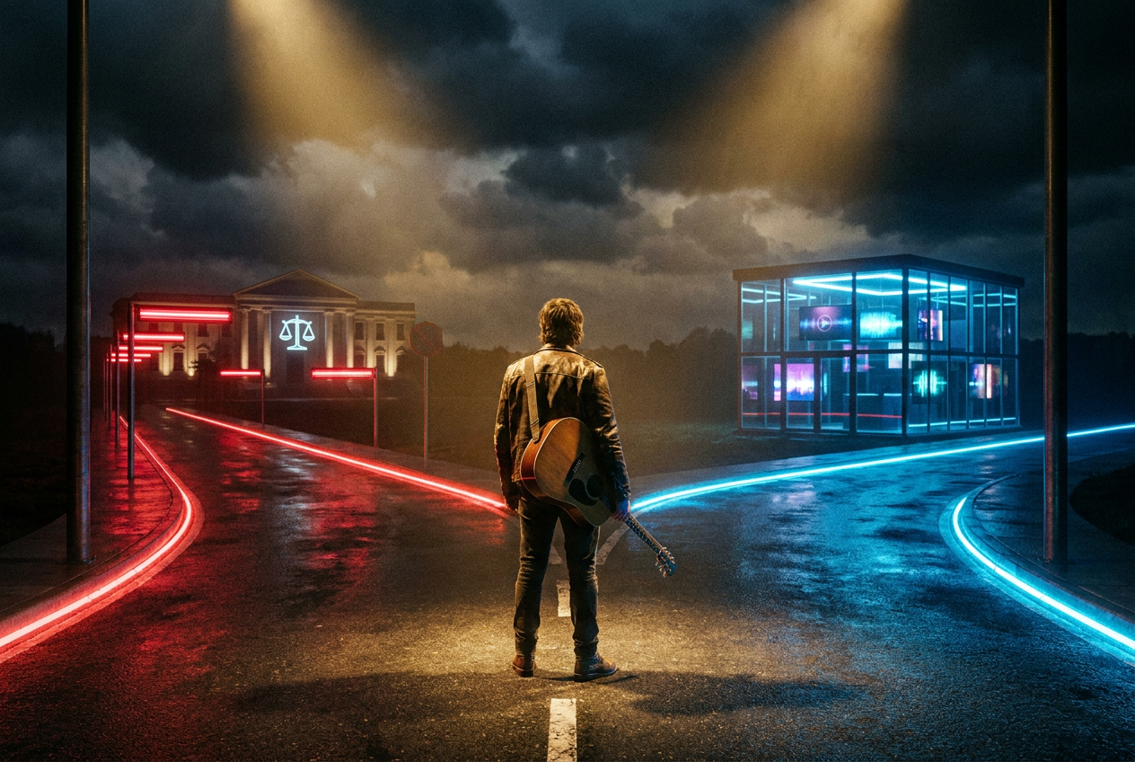 alt text: A musician at a crossroads with two paths, one labeled 'Fight AI' and the other 'Use AI'