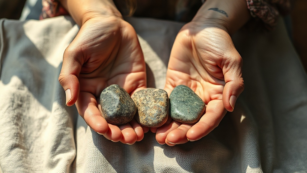 Trois pierres représentant les Trois Joyaux du bouddhisme : Bouddha, Dharma et Sangha
