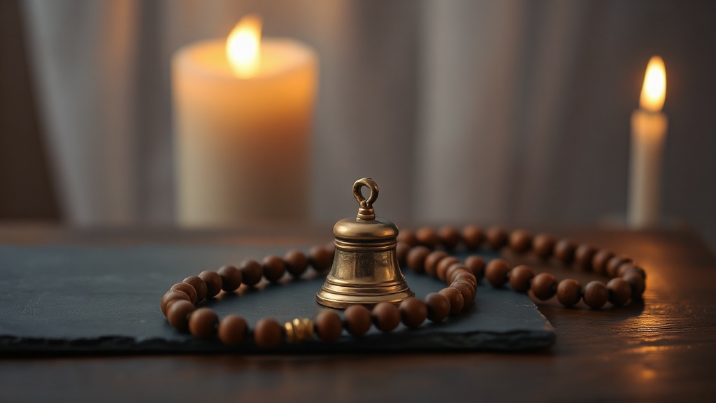 Cloche de méditation en laiton et mala bouddhiste posés sur une ardoise, symboles de la pratique du Noble Sentier