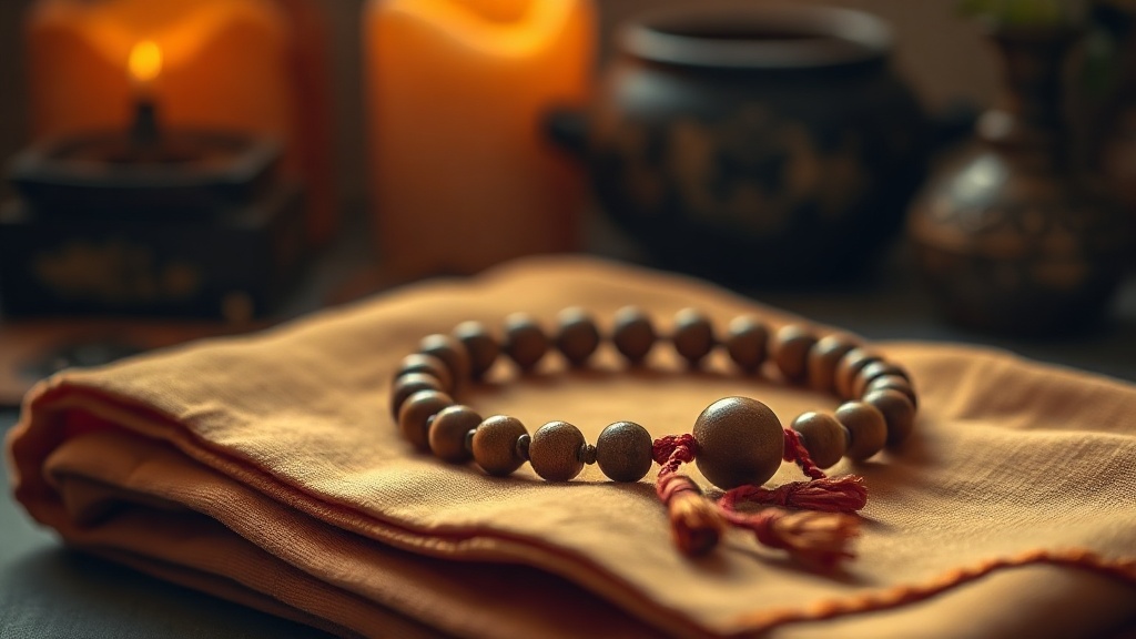 Bracelet mala en bois posé sur un tissu safran, outil de récitation des préceptes bouddhistes