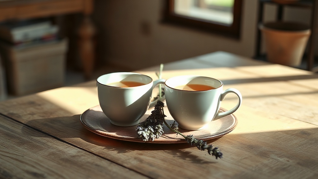Deux tasses de thé rapprochées sur une table en bois, image de la reconstruction de la complicité conjugale