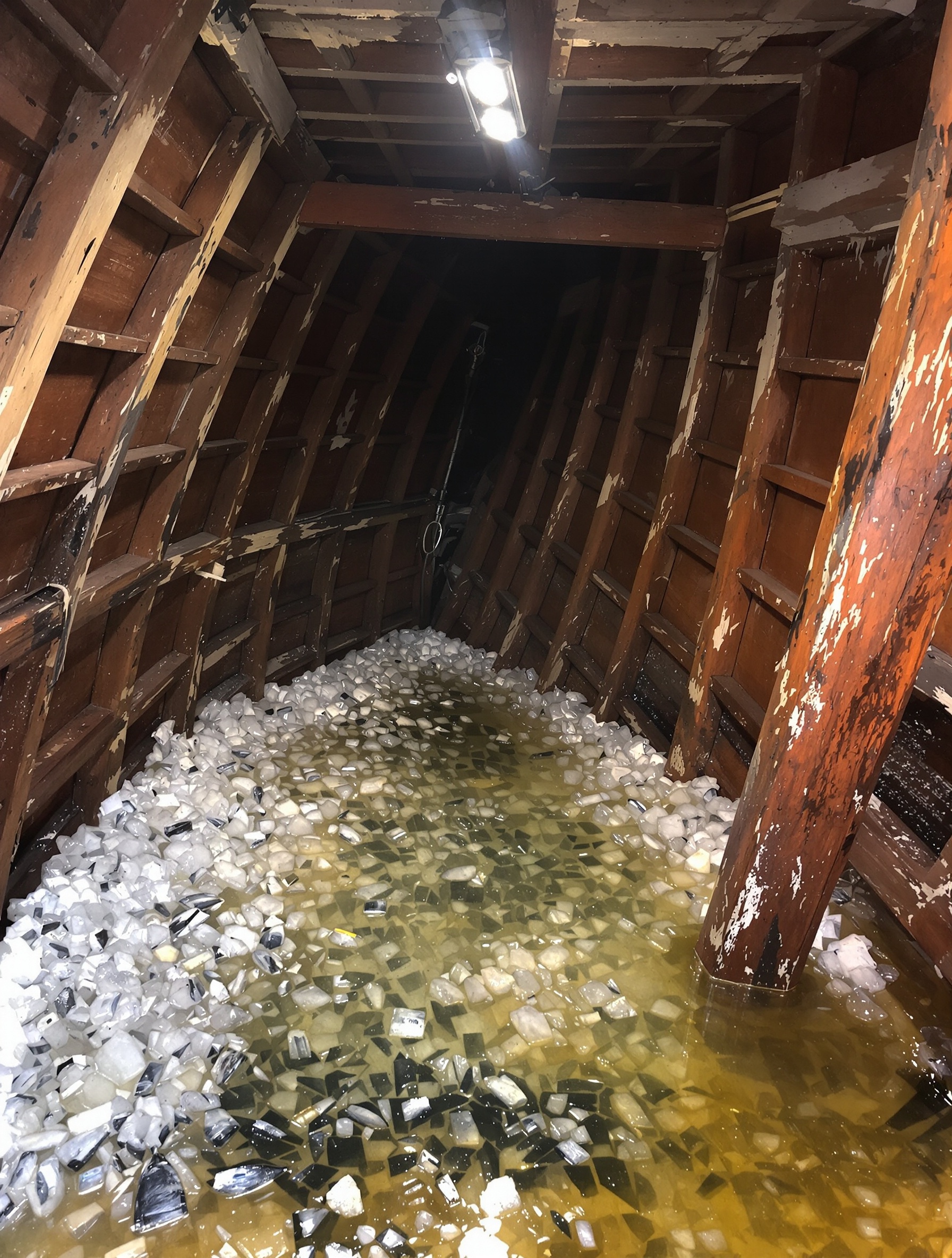 The brine-filled hold of a fishing boat at rest, evoking the metabolic interior world of Megamare by Orto Parisi.