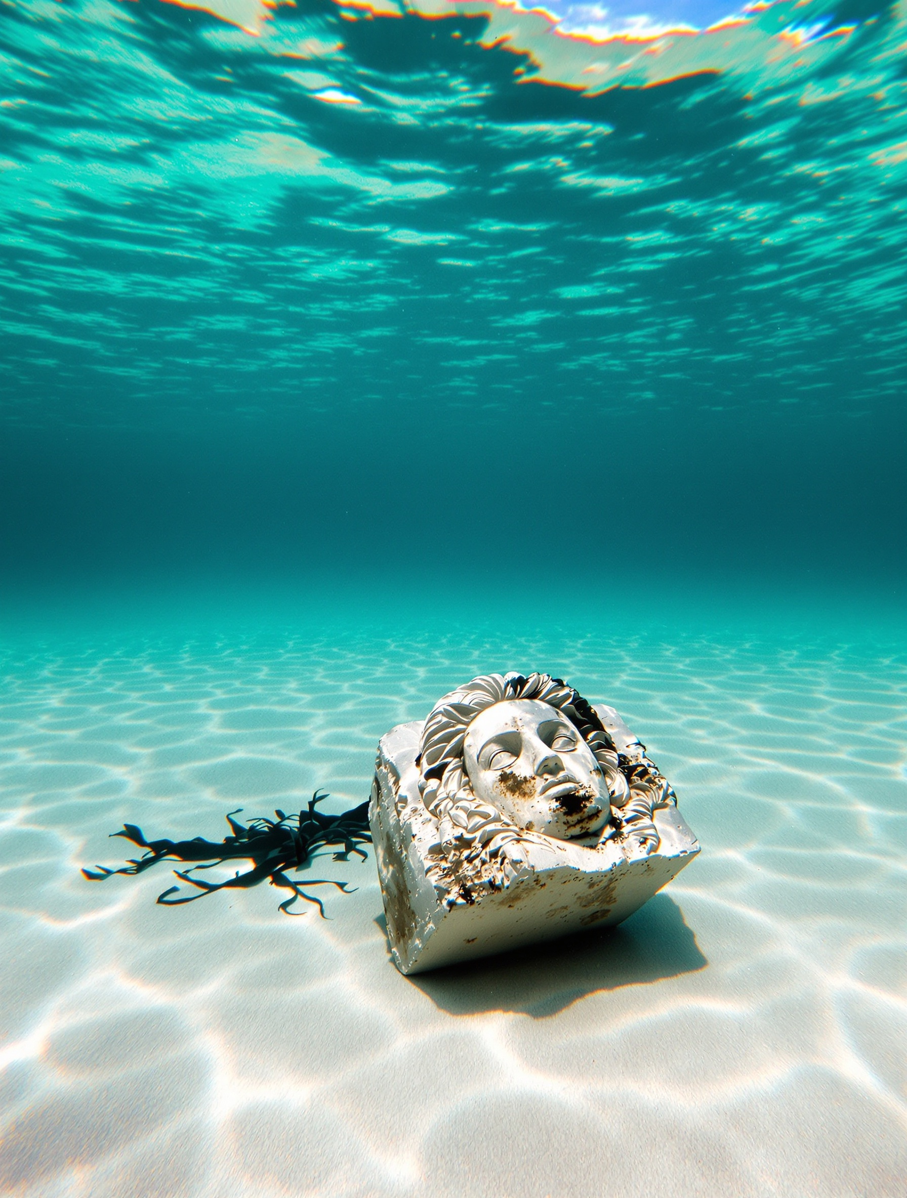 A wide underwater view of a weathered classical stone fragment resting on a pale sandy seabed, dwarfed by a column of shifting turquoise water rising toward a rippling sunlit surface.
