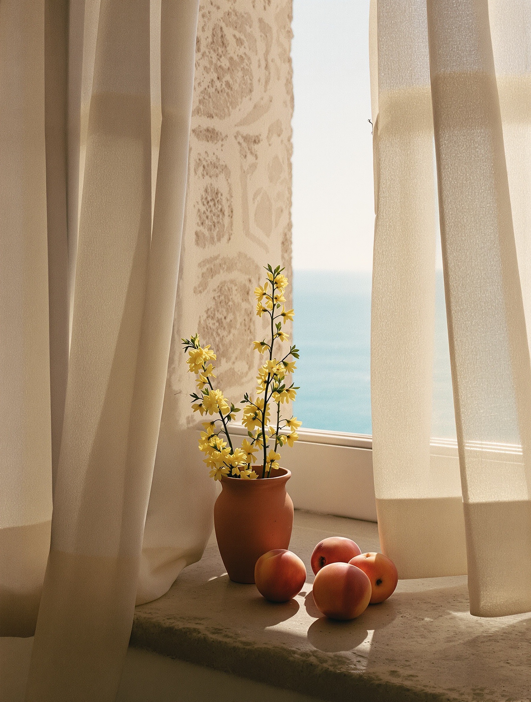 Sunlit stone windowsill in a whitewashed Mediterranean room with a terracotta bowl of ripe peaches and mimosa sprigs, sheer curtains framing a hazy coastal view beyond.
