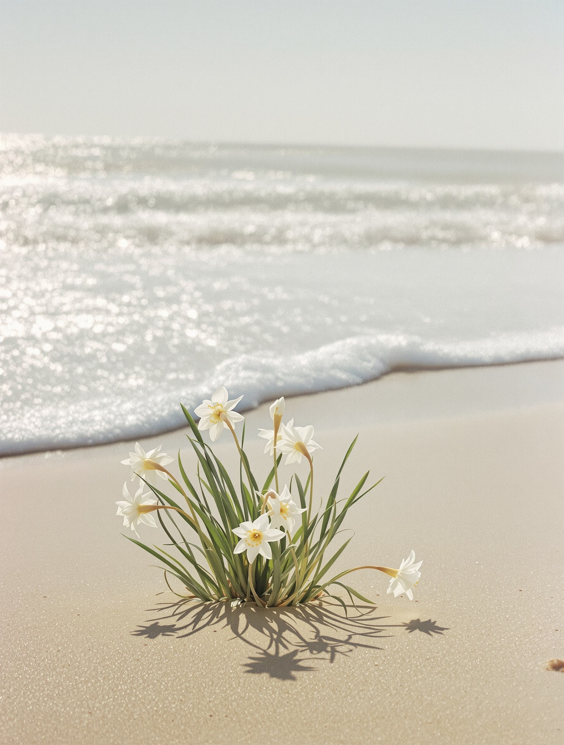 A sparse cluster of white narcissus growing from windswept dune grass on a sun-washed Sicilian shoreline at early morning, with soft sea foam dissolving at the waterline.