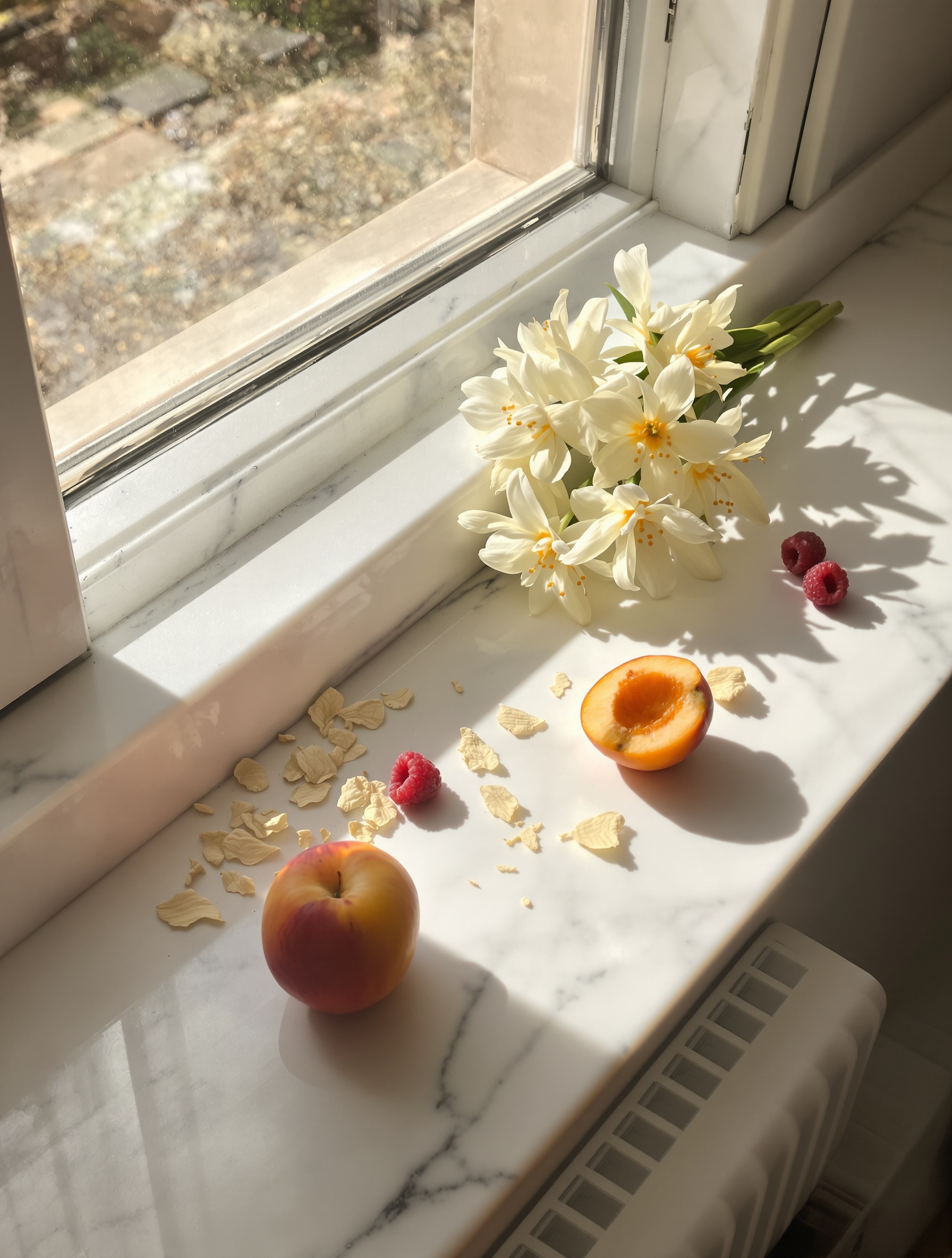 Cream narcissus blooms, halved apricots, and scattered raspberries rest loosely on a sunlit marble windowsill in quiet morning light.