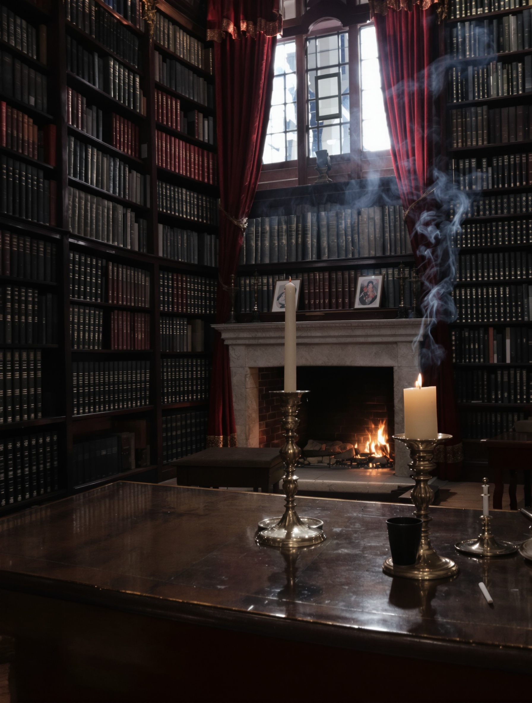 A dim Victorian library with incense smoke curling past shadowed bookshelves toward a dying fireplace, a bare mahogany desk holding only a melted brass candlestick in near-darkness.