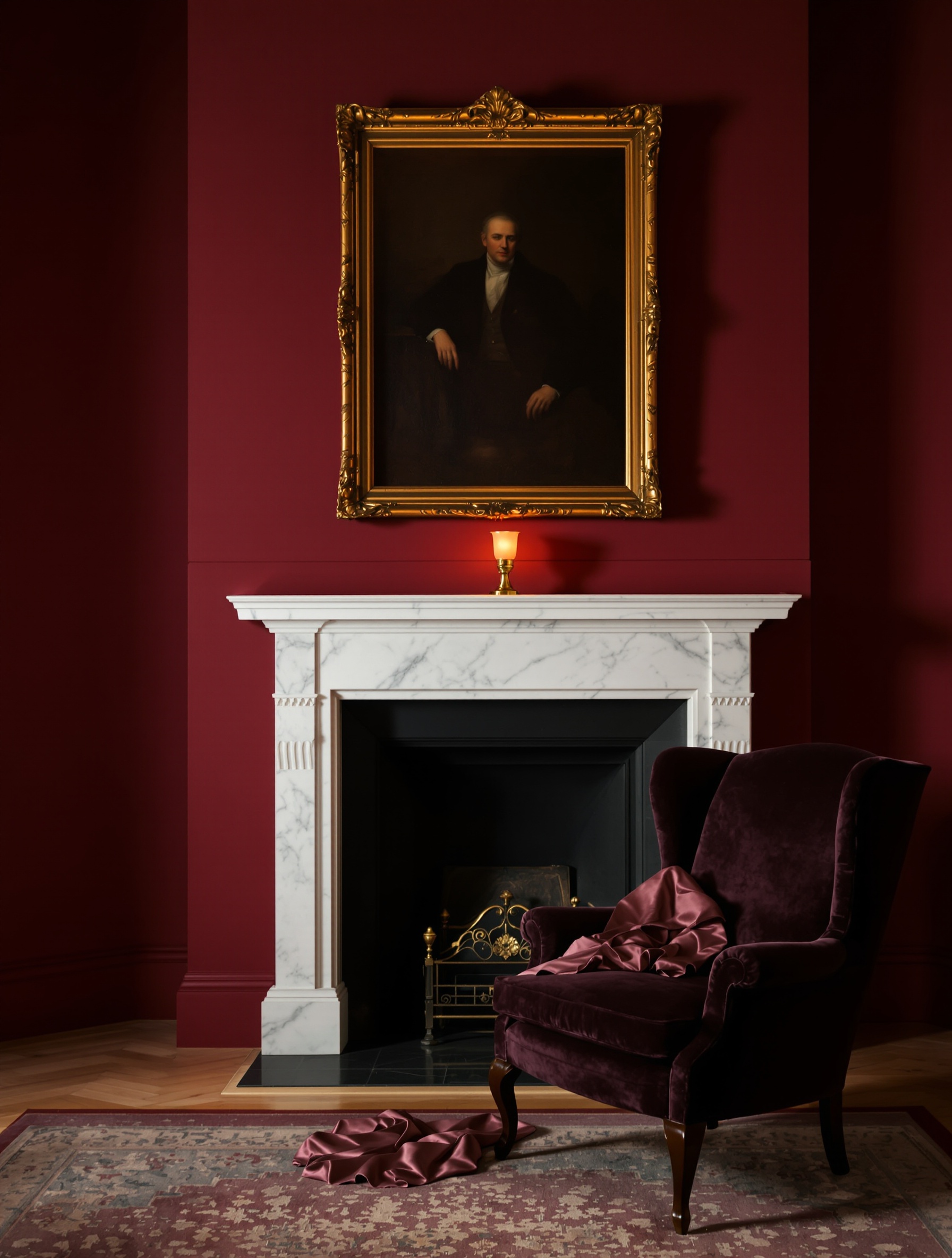 A crimson drawing room at dusk with an indistinct framed portrait above a marble mantel and an empty velvet wingback chair with a fallen silk shawl, lit by a single amber lamp.