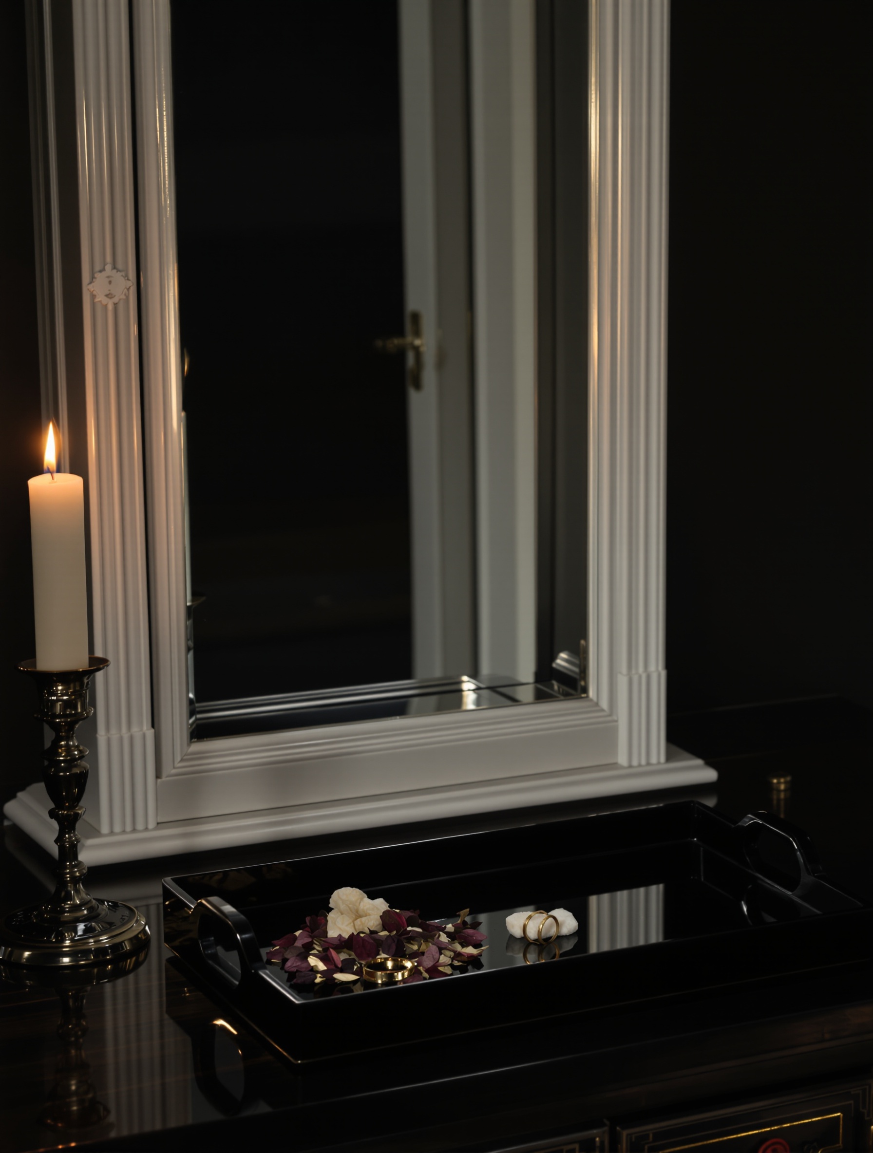 A candlelit Edwardian dressing table with a black lacquer tray holding dried dark rose petals and a gold ring, quietly embodying the constrained grief of Portrait of a Lady.