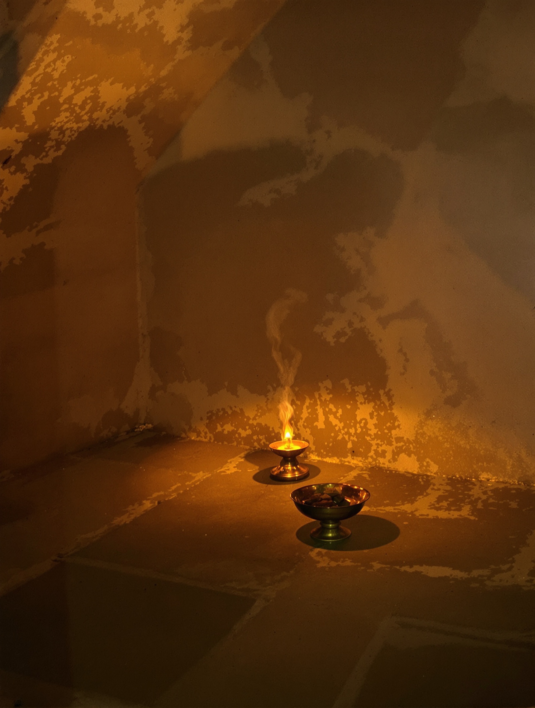 A dim amber-lit interior room heavy with incense smoke, evoking the narcotic stillness of Black Afgano.