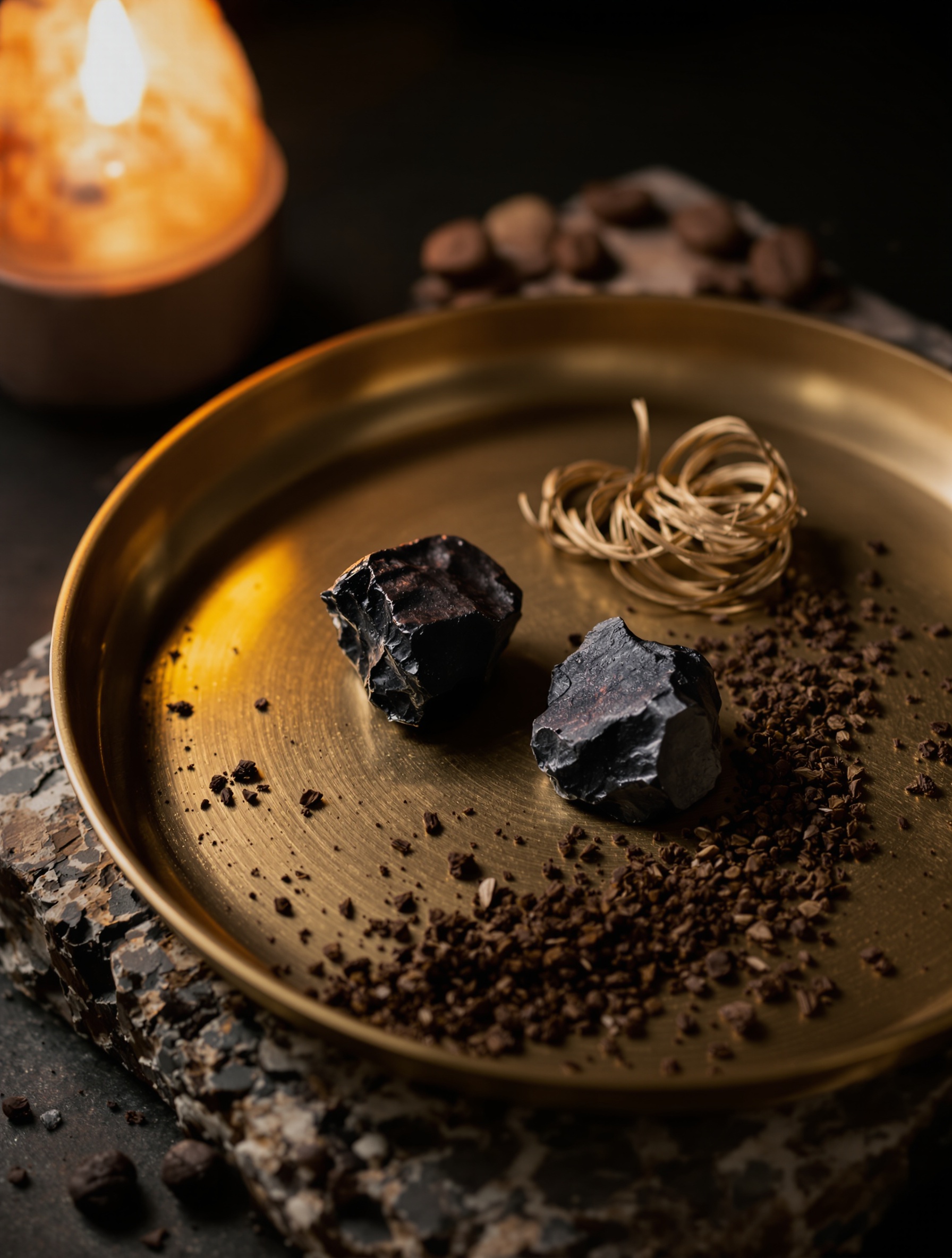 Raw oud resin, dried herb, and dark coffee grounds arranged on a tarnished brass tray, embodying the material soul of Black Afgano.