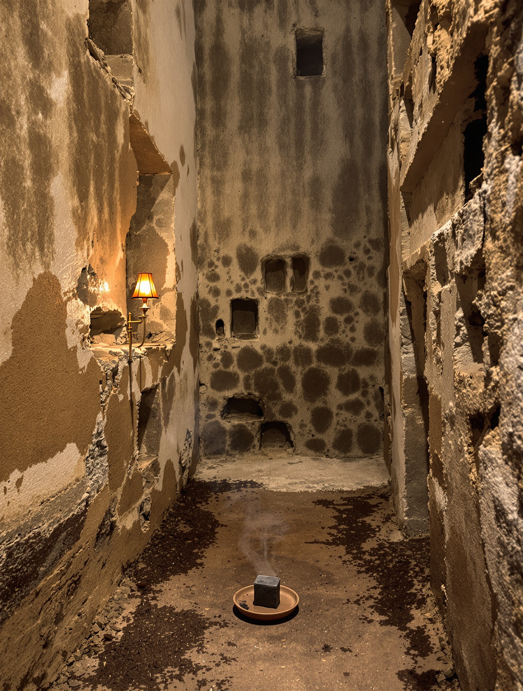 A stone-walled room saturated with decades of incense smoke and amber lamplight, channeling the hermetic devotion of Black Afgano.