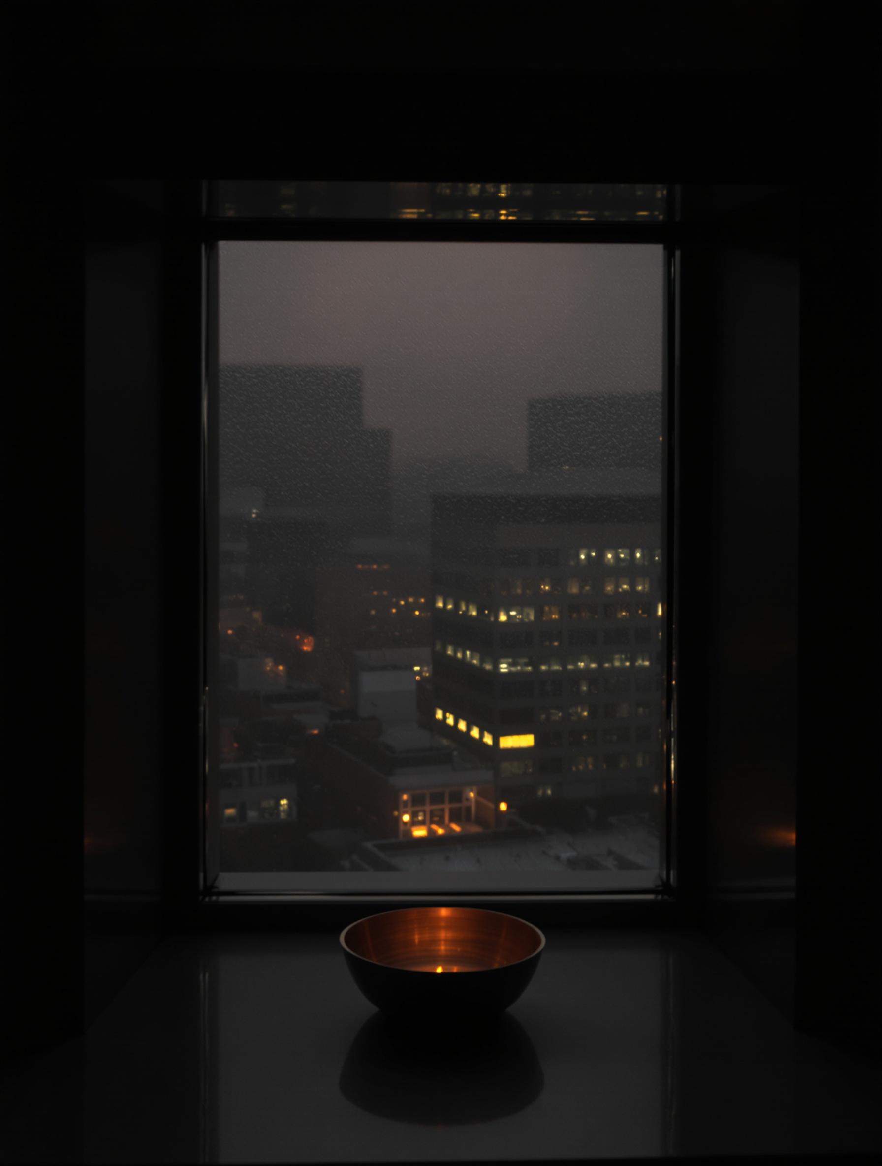 A smoke-warm interior with a fogged city window at dusk, capturing the sealed and time-suspended atmosphere of Black Afgano.