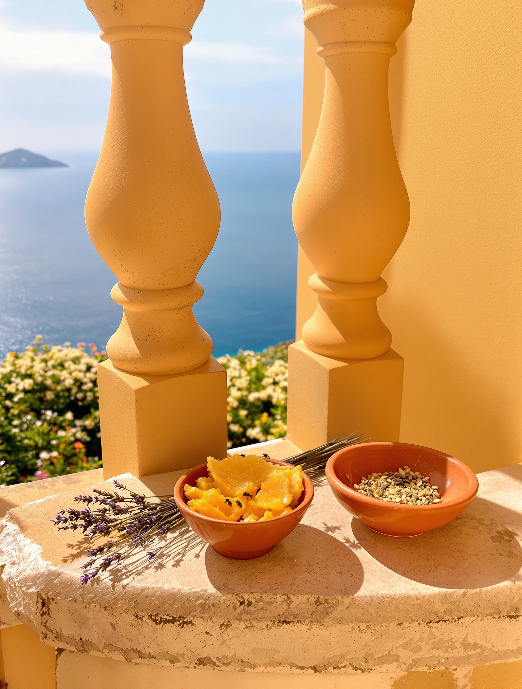 A terracotta bowl of raw honeycomb and dried lavender on a sun-baked stone balustrade overlooking the Mediterranean, evoking Xerjoff Naxos.