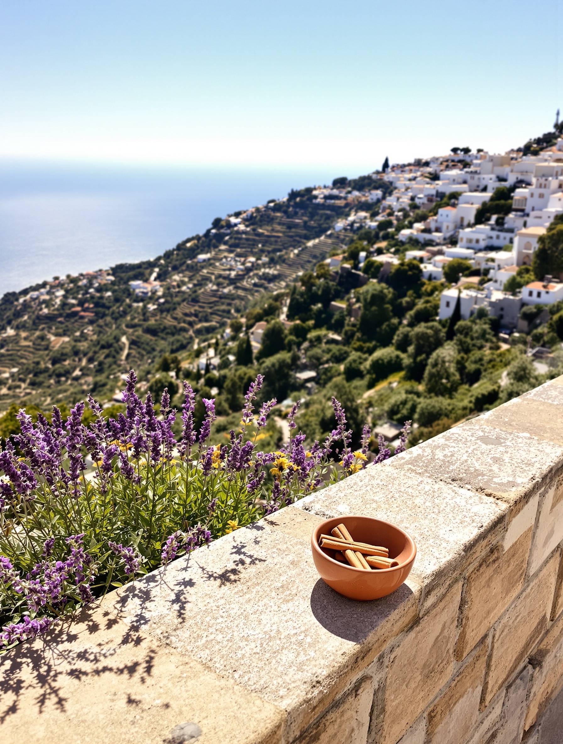 Sun-bleached Sicilian terrace with lavender and cinnamon on warm limestone, terraced hillside and hazy blue sea beyond in late afternoon light.