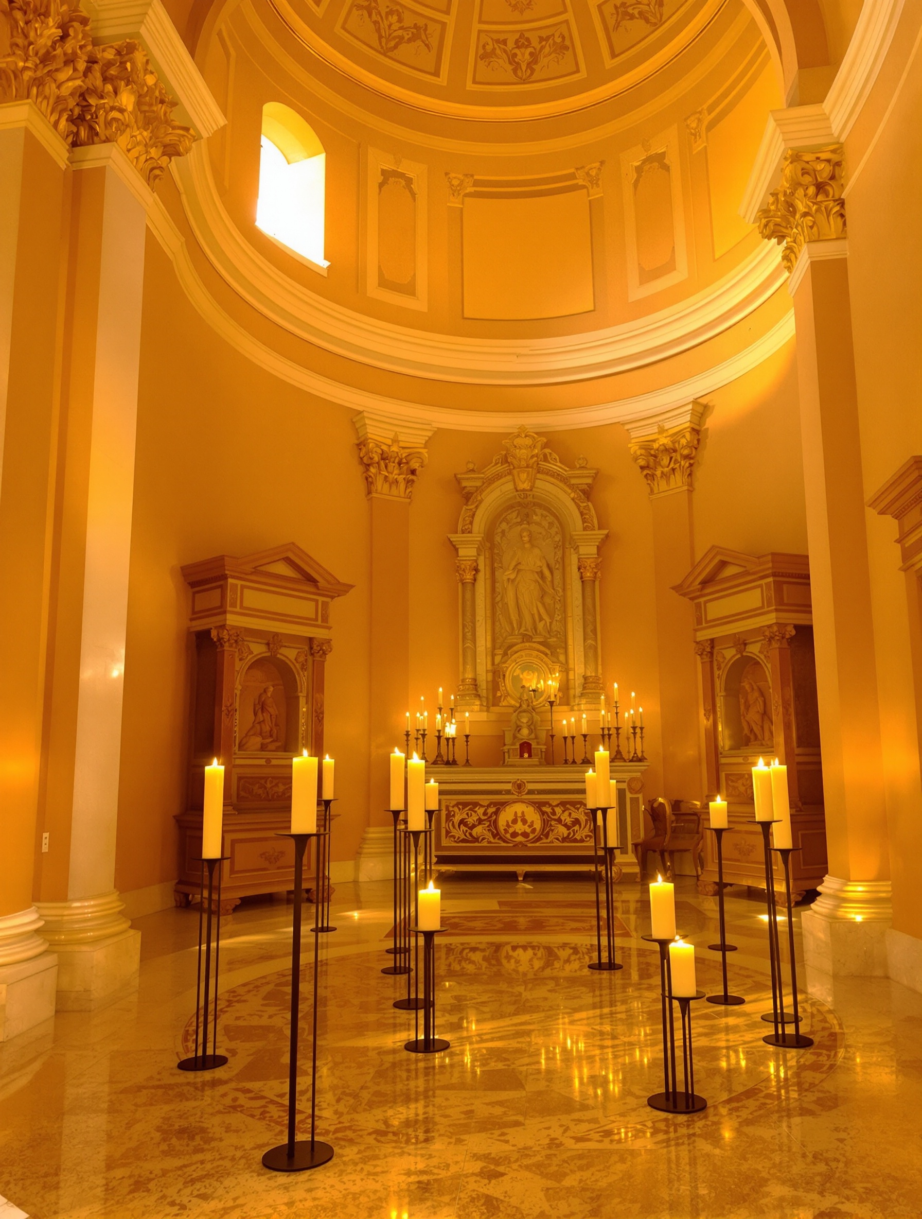 Candlelit golden limestone interior of a Sicilian baroque chapel, warm amber light pooling across smooth arched walls and gilded moldings.