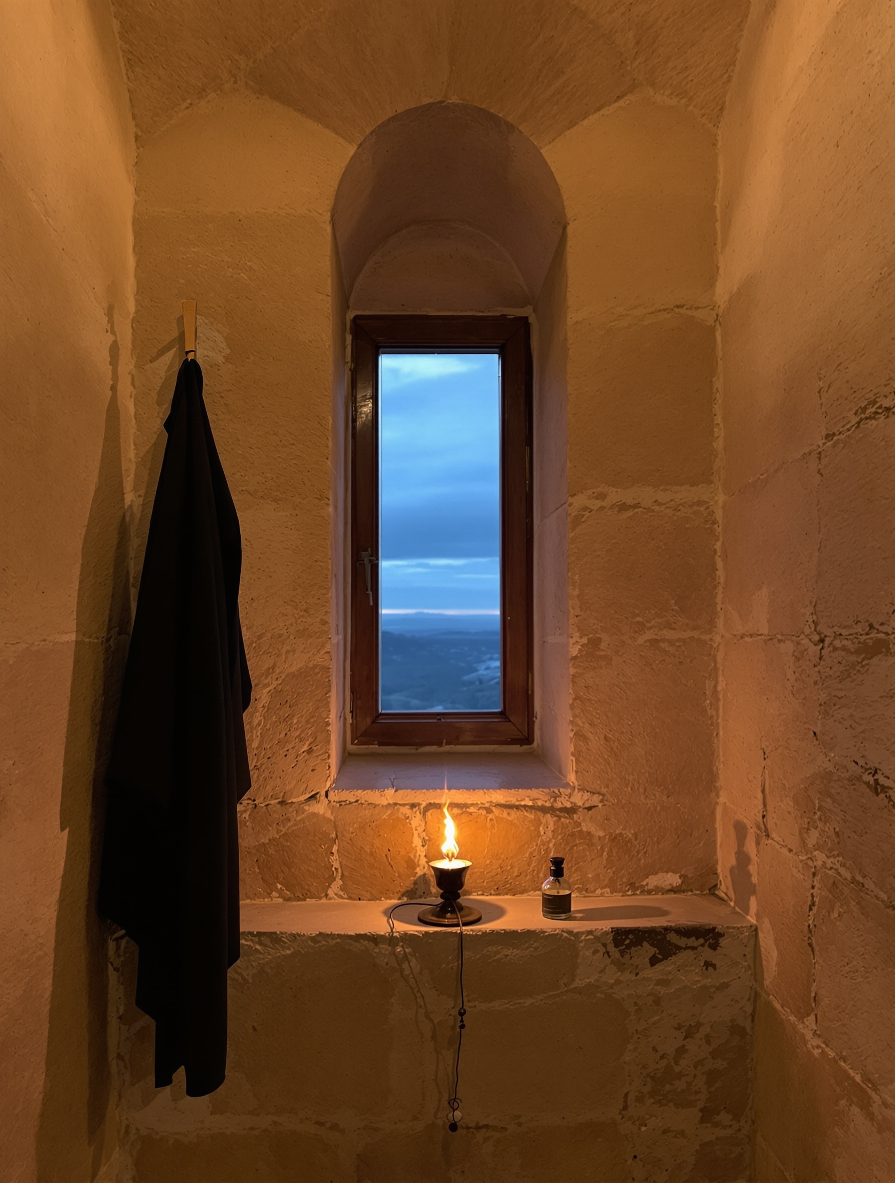 A bare limestone monastic cell stained by centuries of incense smoke for Diamonitirion Elixir Atonit.