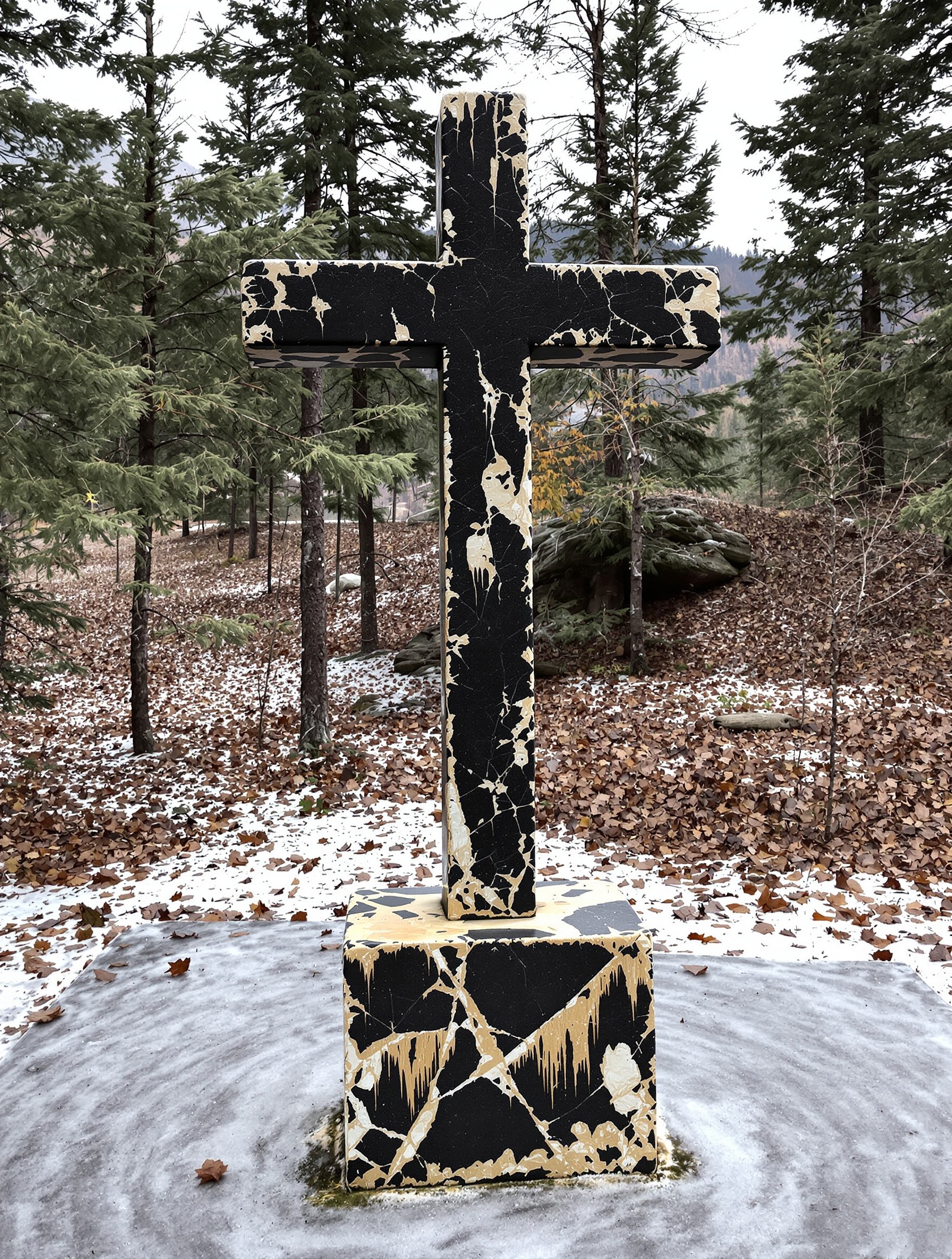 A weathered stone Orthodox cross in frozen mountain earth for Diamonitirion Elixir Atonit.