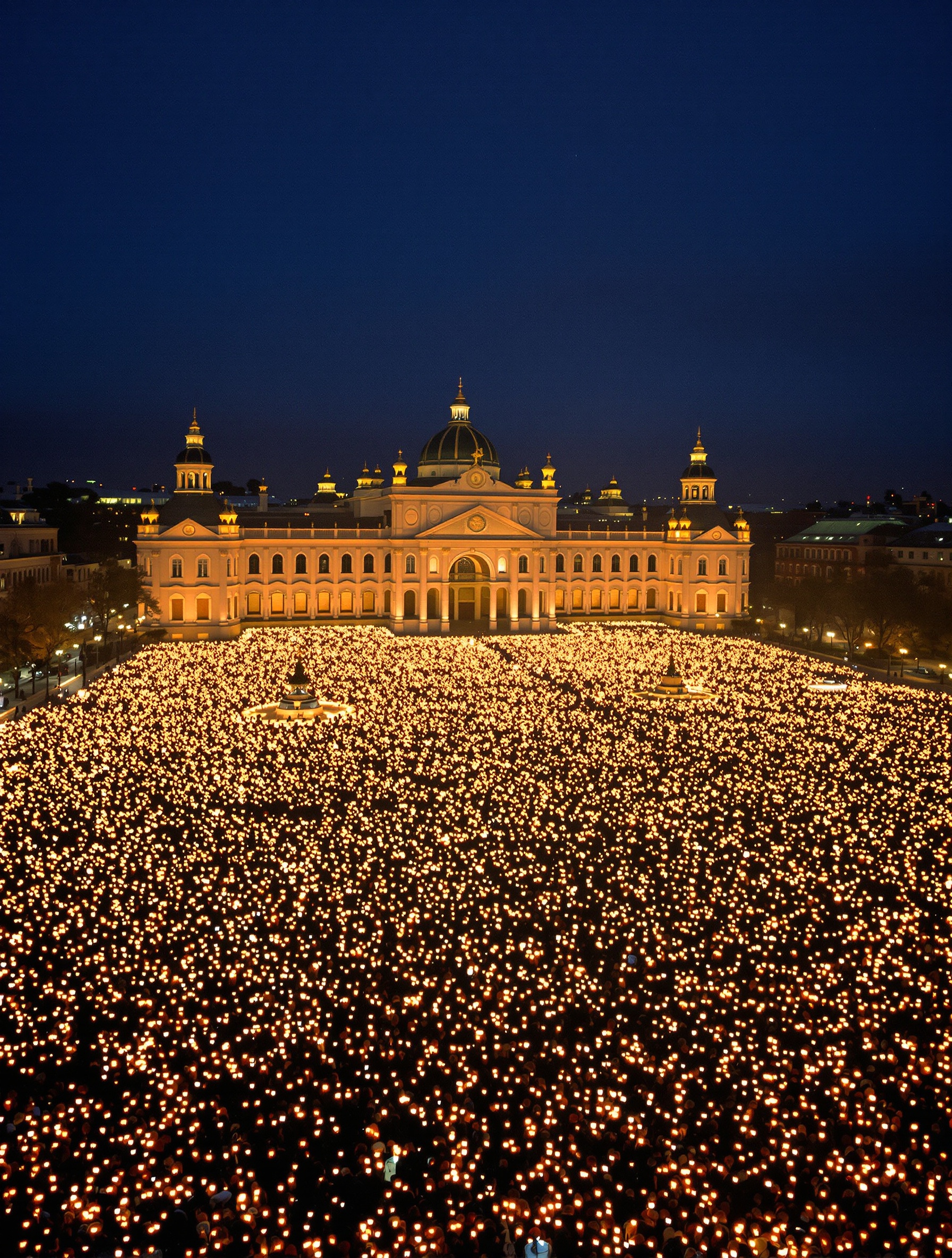 Vast candlelit night crowd filling Bucharest's palace square during the Romanian Revolution for Decembrie 89 Freedom Elixir.
