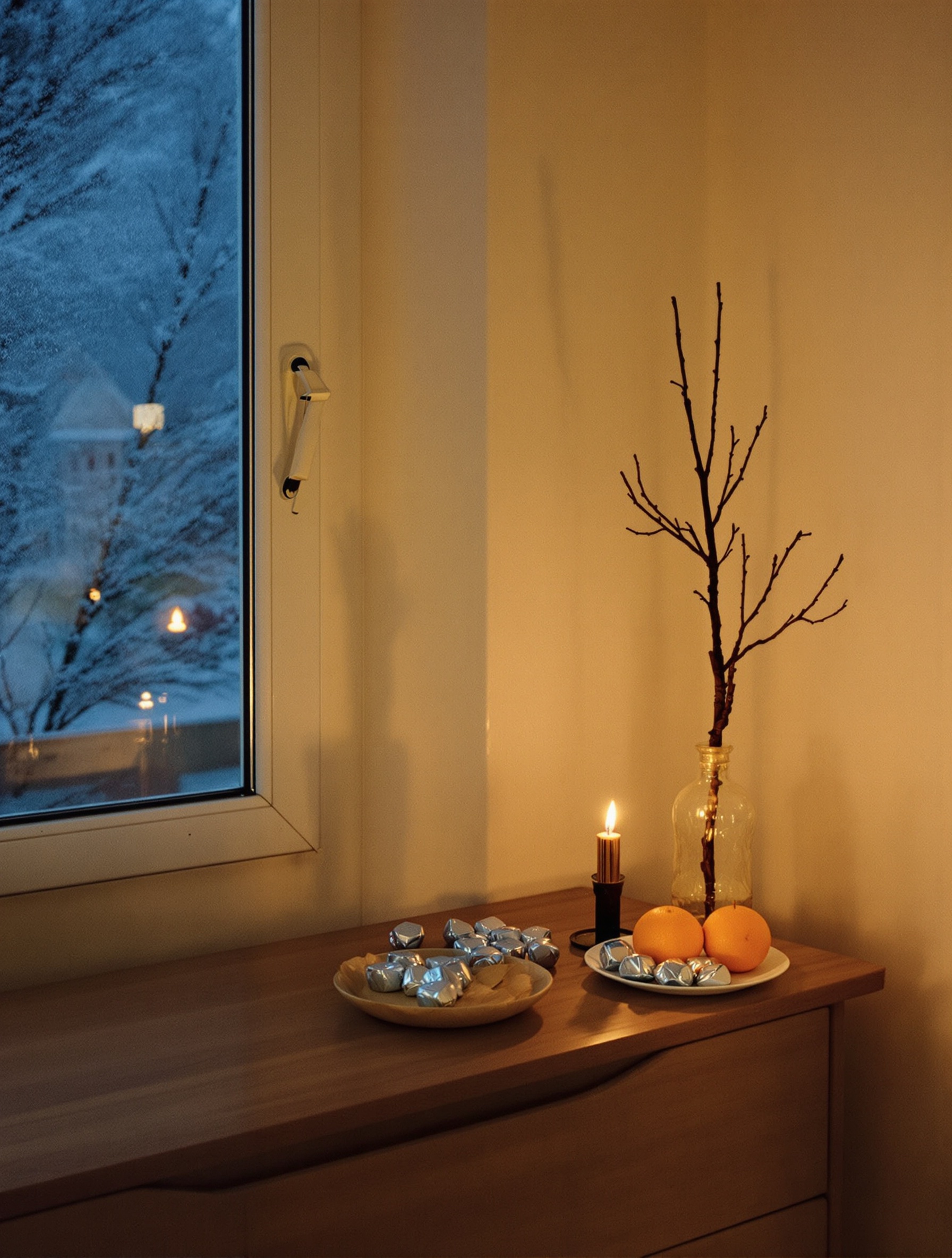 A frost-lit Romanian apartment dresser holding two precious oranges and foil chocolates beside a candle flame on a December evening.