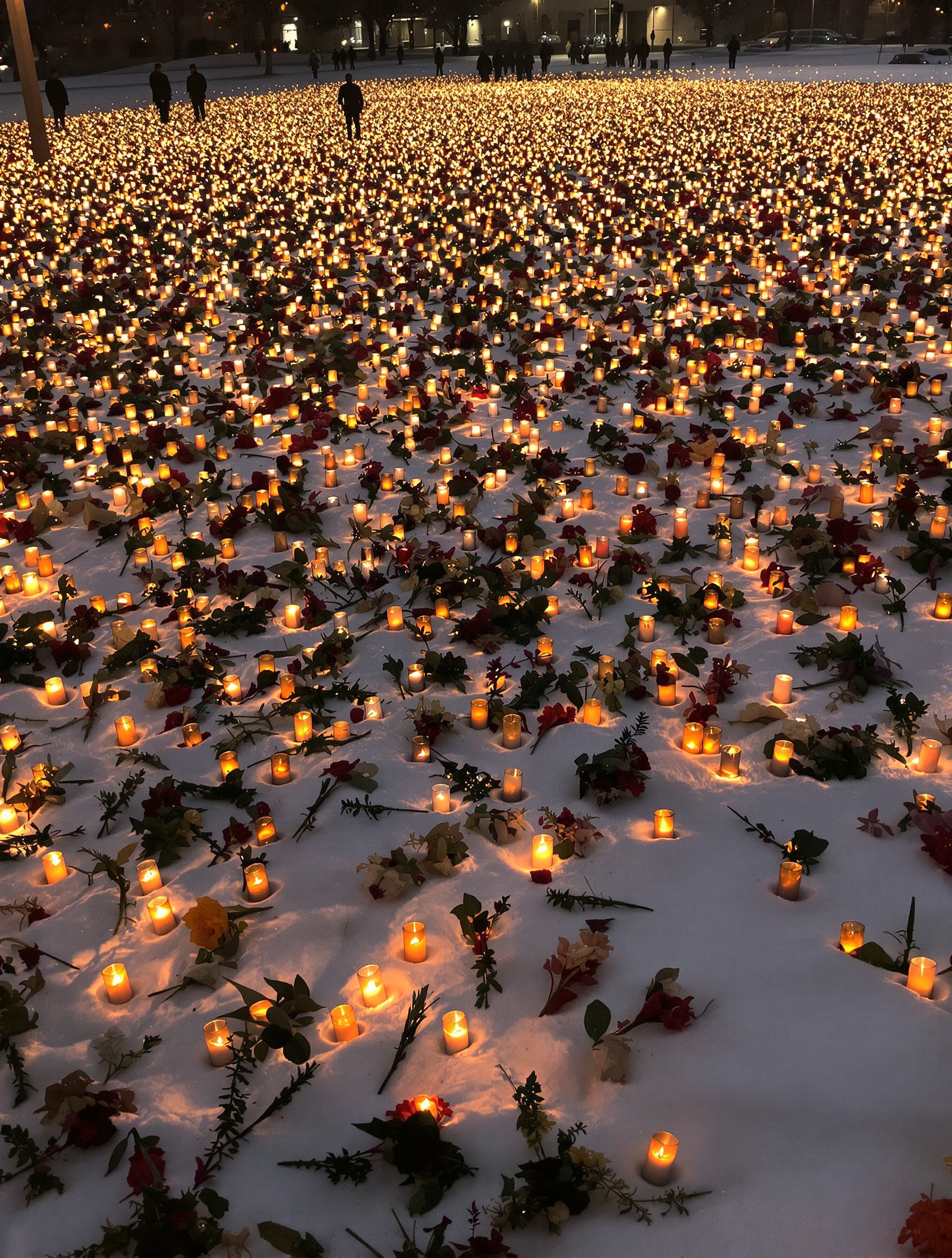 A vast field of candles and winter flowers laid on snow in a Bucharest square vigil for Decembrie 89 Freedom Elixir.