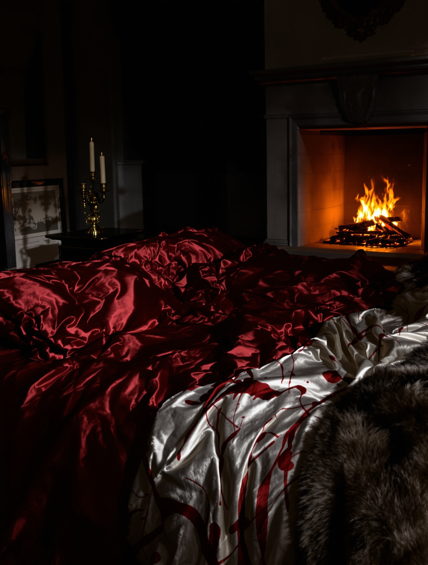 Wide low-light bedroom scene evoking the aftermath atmosphere of Musc Ravageur, all rumpled wine-red silk and dying candlelight.