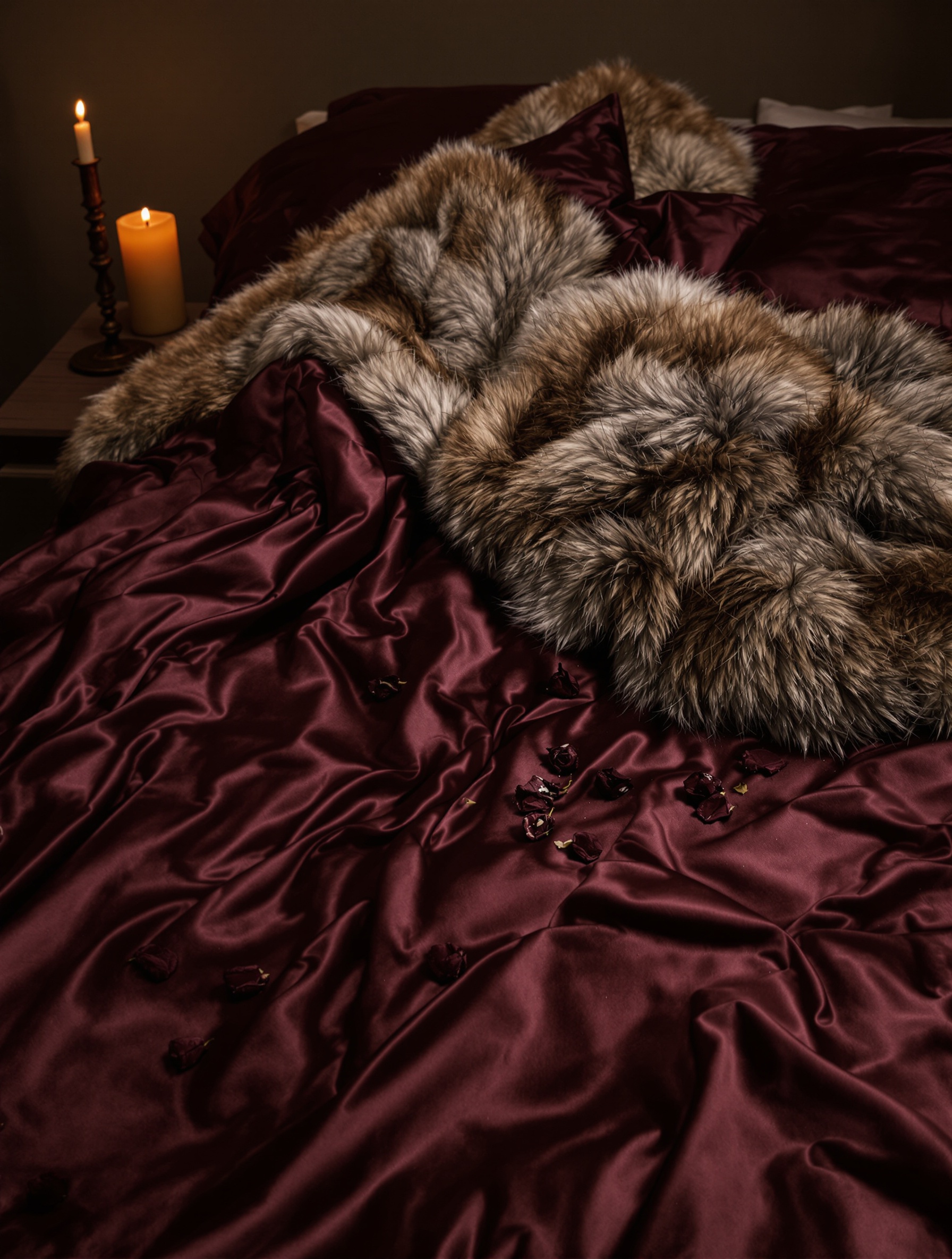 Rumpled burgundy satin duvet with a fur throw and scattered dried rose petals lit by a single warm candle, suggesting intimate aftermath.